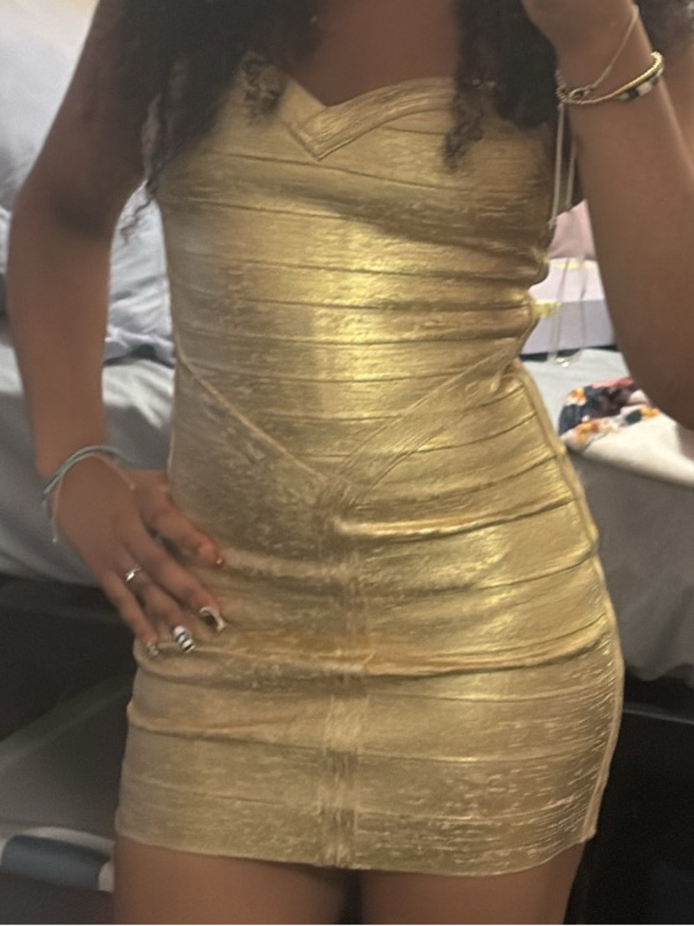 House of CB Gold Metallic Strapless Mini Dress
